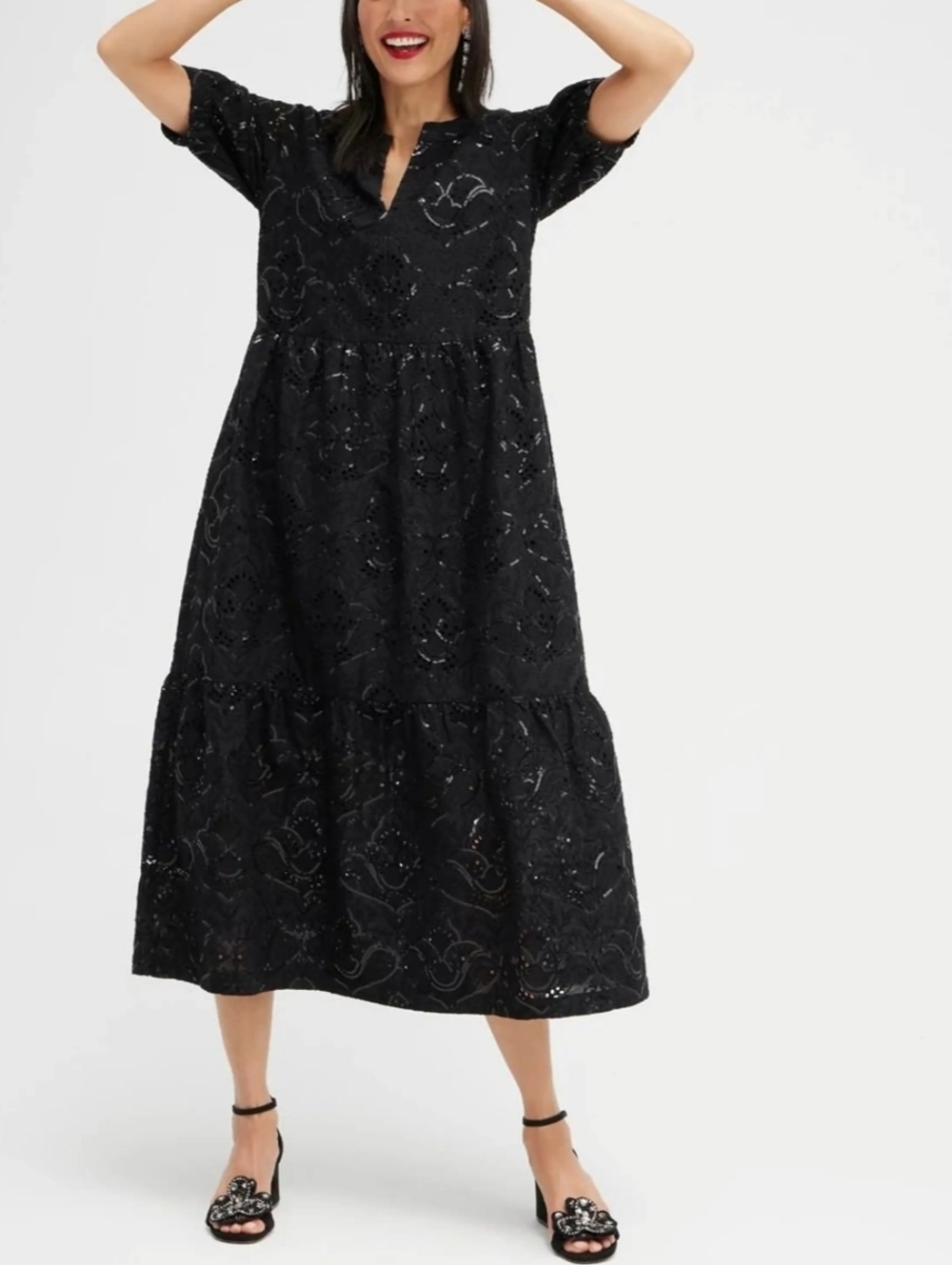 CHICO'S EMBROIDERED BLACK TIERED EYELET DRESS WITH SEQUINS